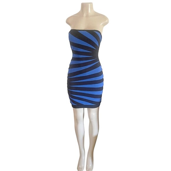 Colorblock Black Blue Stripes Bustier Bodycon Thick Textured Strapless Dress S - Picture 1 of 10